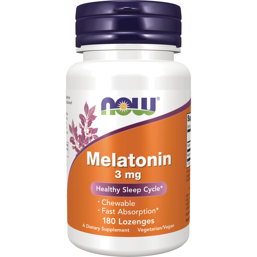NWF557 | NOW Melatonin 3 mg bottle with orange label, 180 chewable lozenges, Healthy Sleep Cycle - Thumbnail