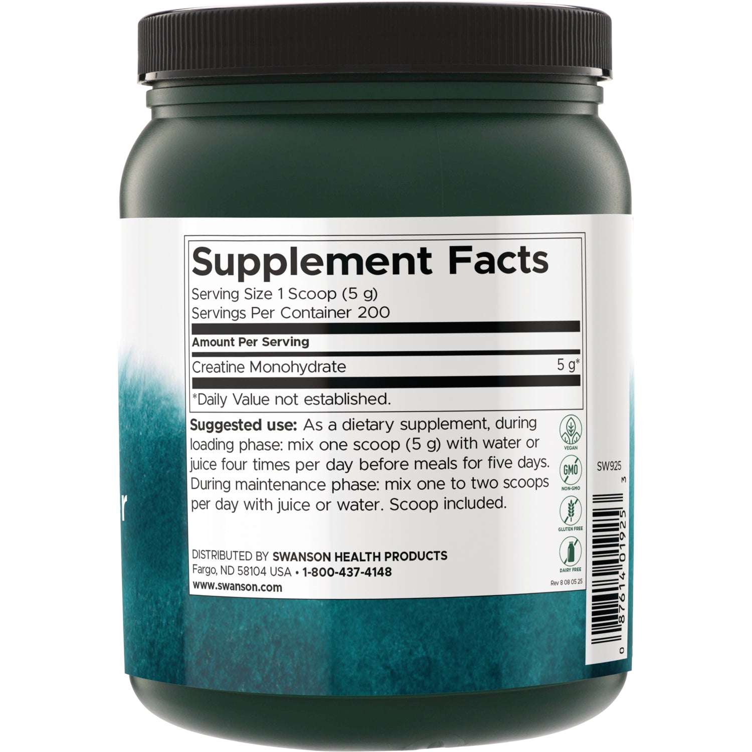 SW925 | Back label with supplement facts and serving information