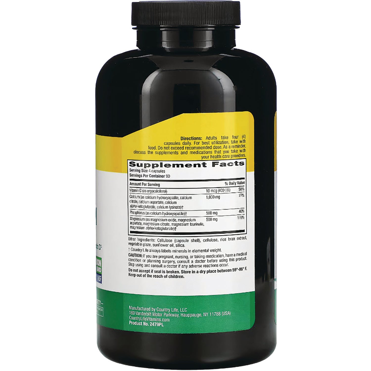 Back of black supplement bottle showing Supplement Facts panel, directions, and ingredient text