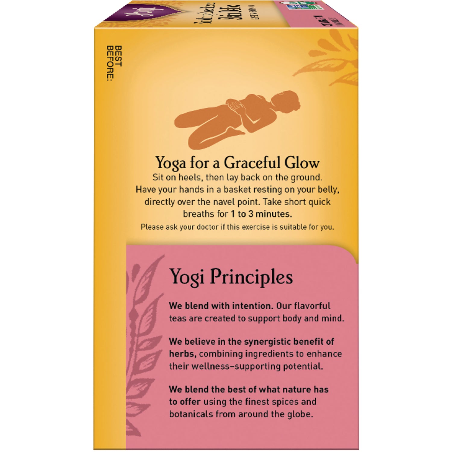 AHW039 | Back panel of tea box showing 'Yoga for a Graceful Glow' instructions and 'Yogi Principles' text