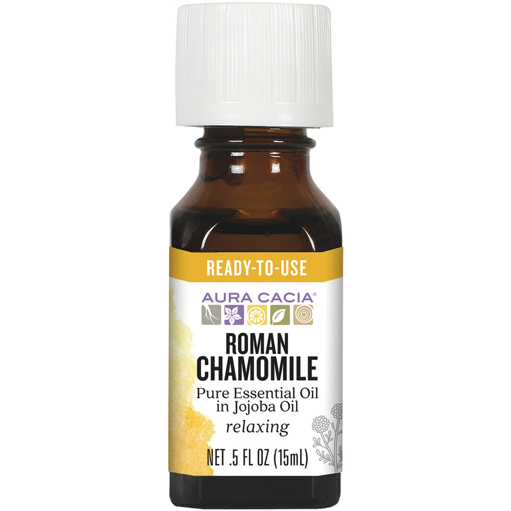 ARC231 | Amber glass bottle with white cap labeled AURA CACIA Roman Chamomile pure essential oil in jojoba oil 0.5 fl oz - Thumbnail