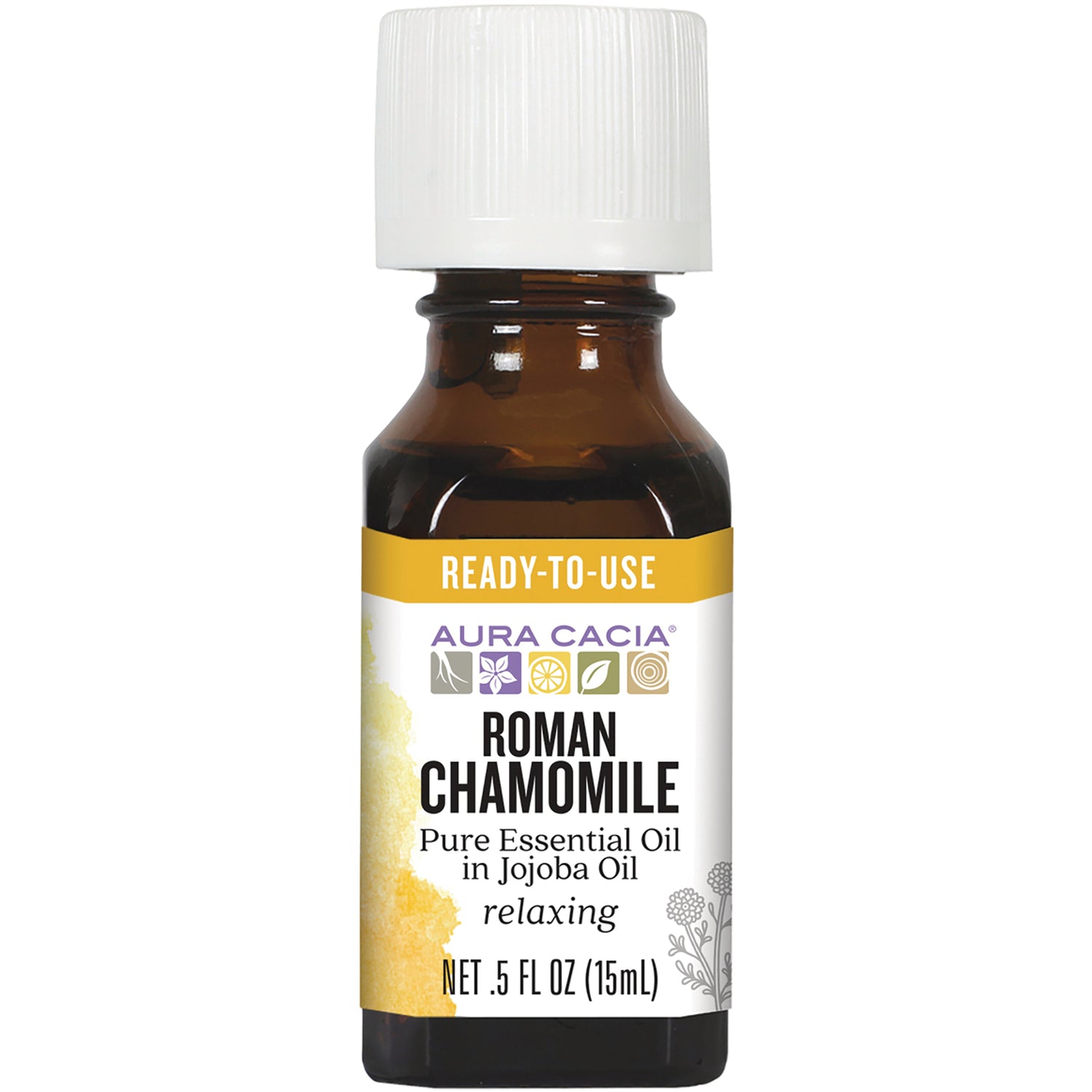 ARC231 | Amber glass bottle with white cap labeled AURA CACIA Roman Chamomile pure essential oil in jojoba oil 0.5 fl oz