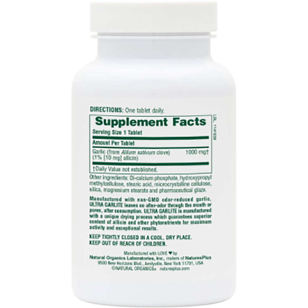 NTP303 | back label showing Supplement Facts, ingredients and directions on a garlic supplement bottle - Thumbnail