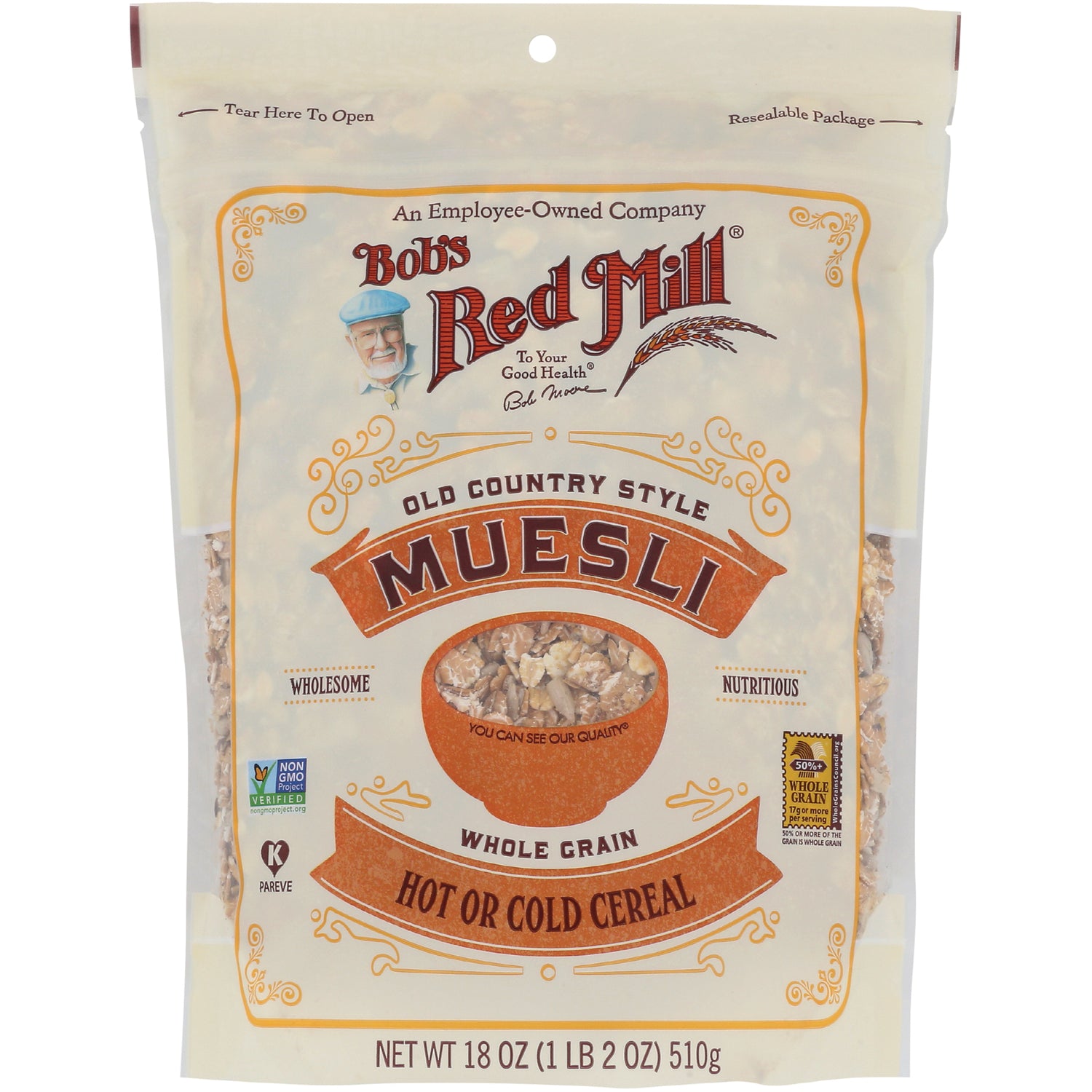 BOB021 | Bob's Red Mill Old Country Style Muesli whole grain resealable bag labeled MUESLI hot or cold cereal 18 oz