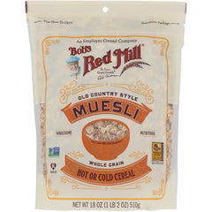 BOB021 | Bob's Red Mill Old Country Style Muesli whole grain resealable bag labeled MUESLI hot or cold cereal 18 oz