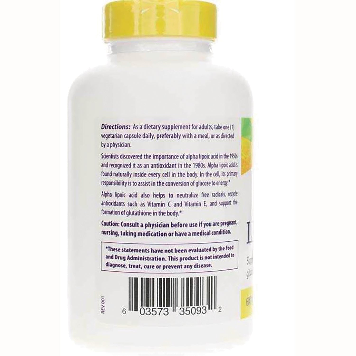 HRG012 | Back label of white supplement bottle showing directions, caution text and barcode