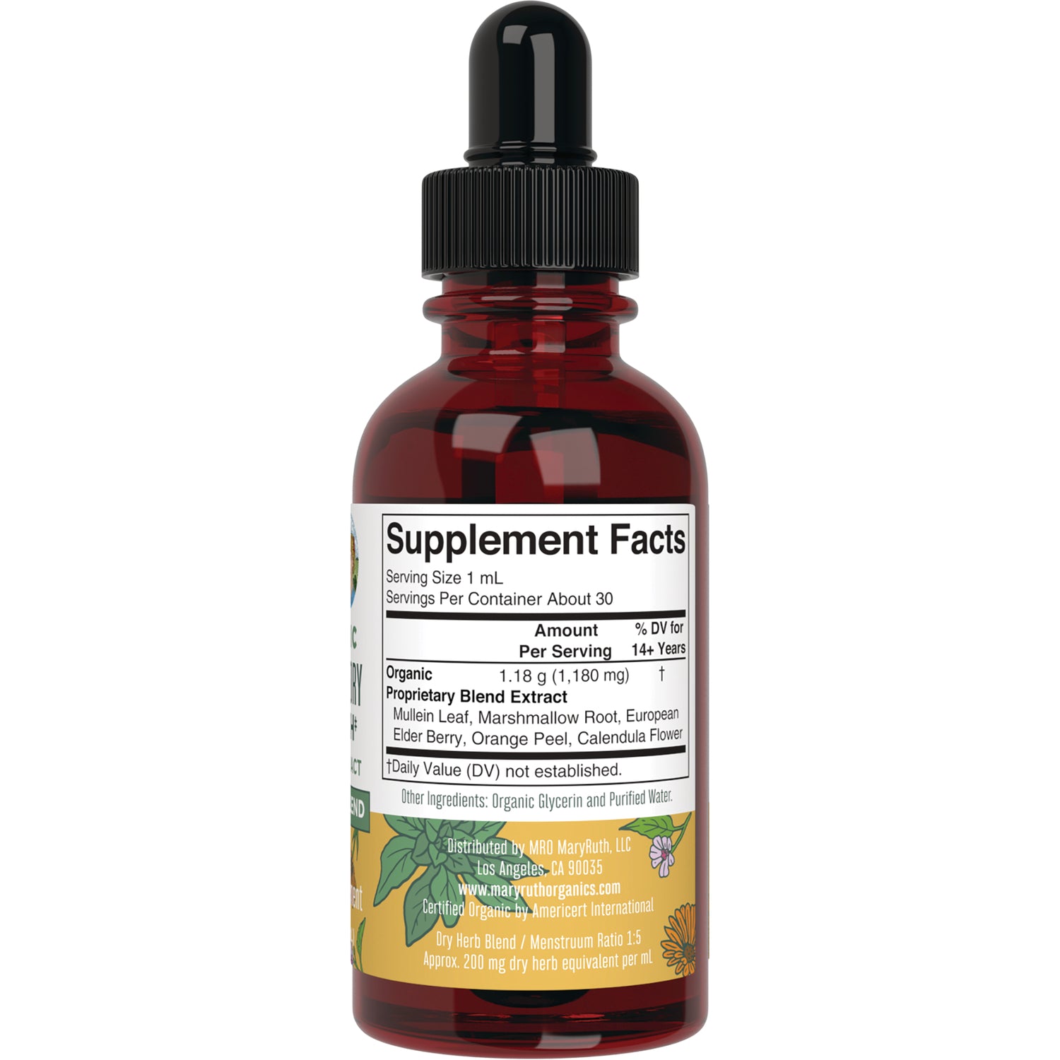 MRR032 | amber dropper bottle back showing Supplement Facts label and ingredient list