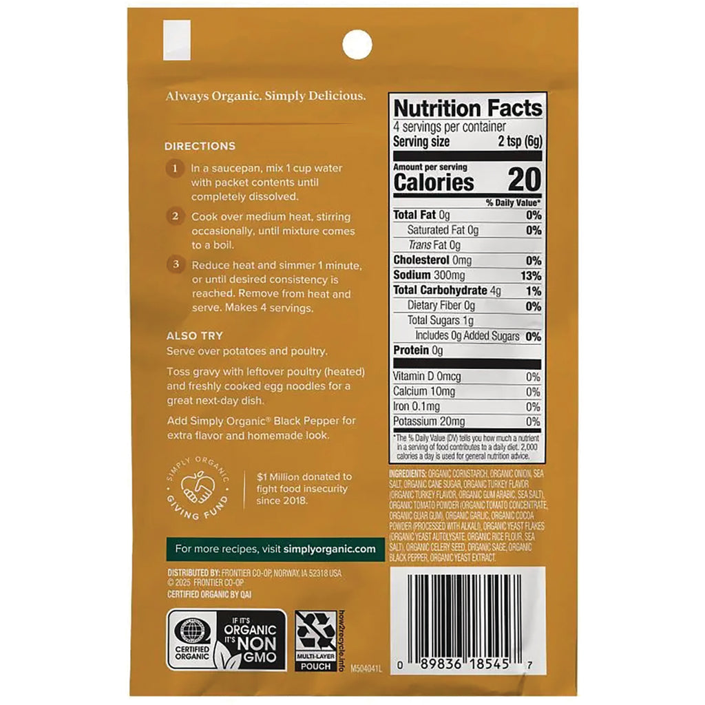 SMP008 | Back of Simply Organic gravy mix pouch with directions, Nutrition Facts, ingredients, and barcode - Thumbnail