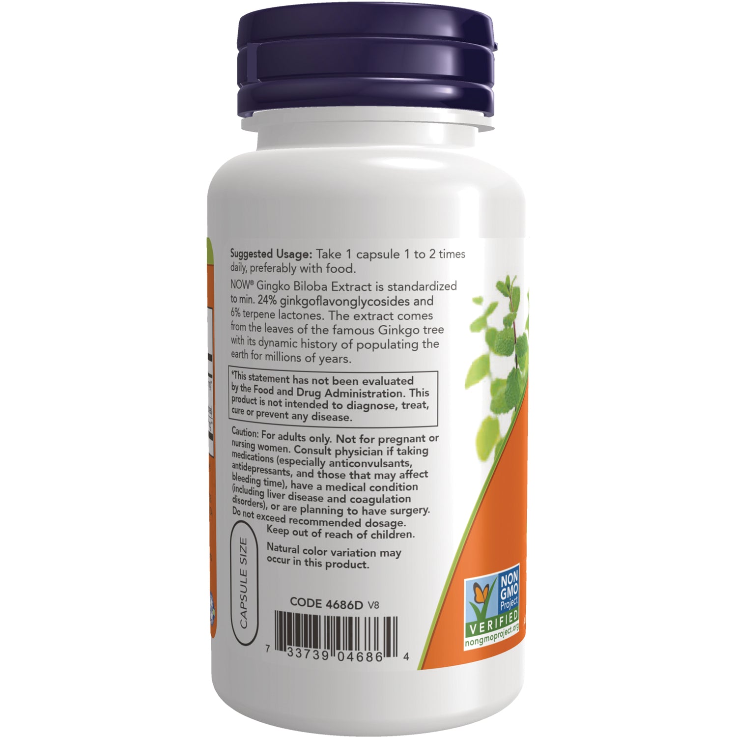 NWF308 | Back label of white supplement bottle with usage instructions, caution text, barcode and Non-GMO Verified seal
