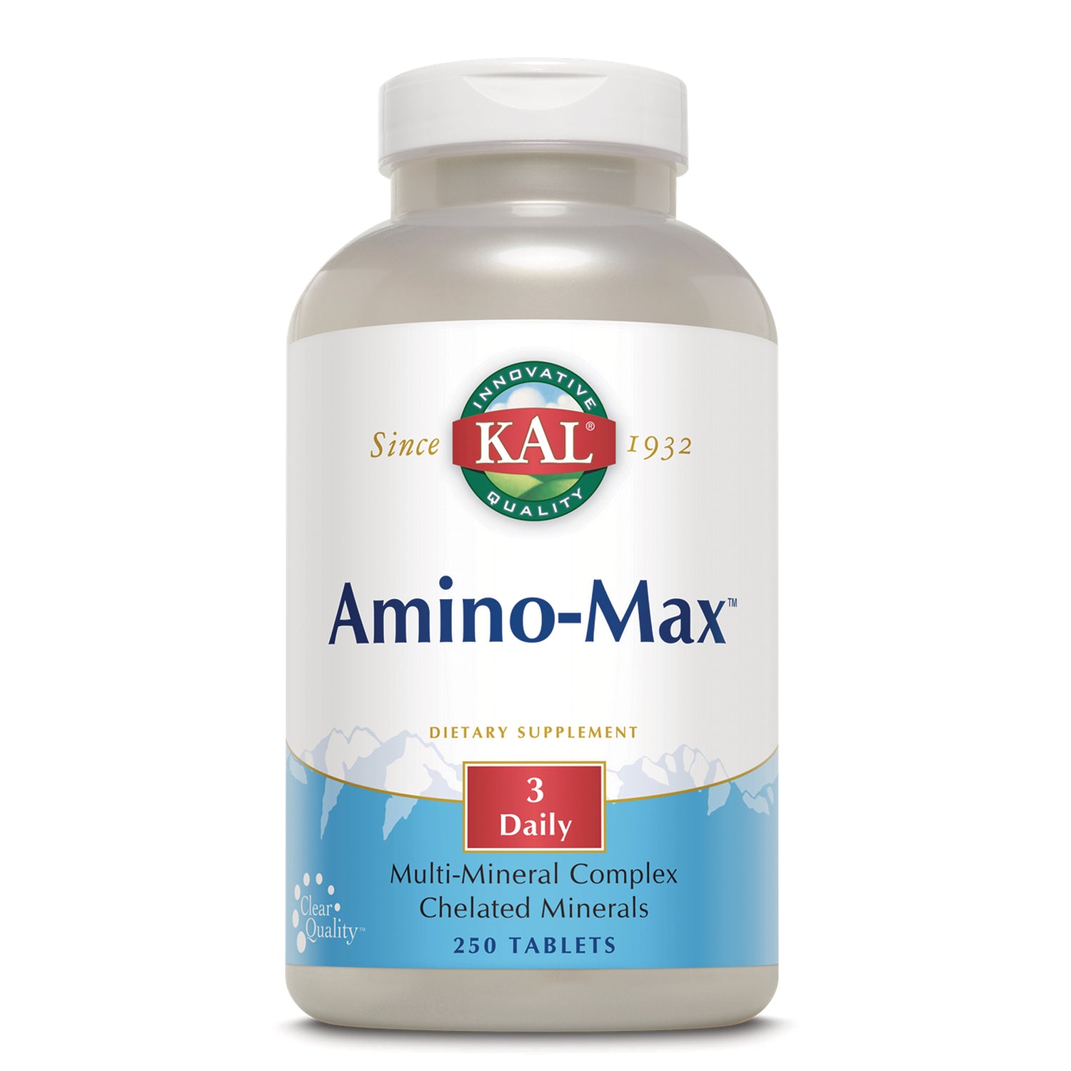 KL574 | KAL Amino-Max dietary supplement bottle, 250 tablets, Multi-Mineral Complex labeled 3 Daily