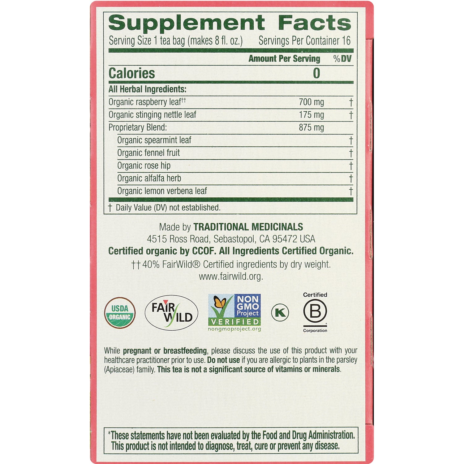 TMD025 | Supplement Facts and ingredients panel of Traditional Medicinals tea with USDA Organic and Non-GMO logos