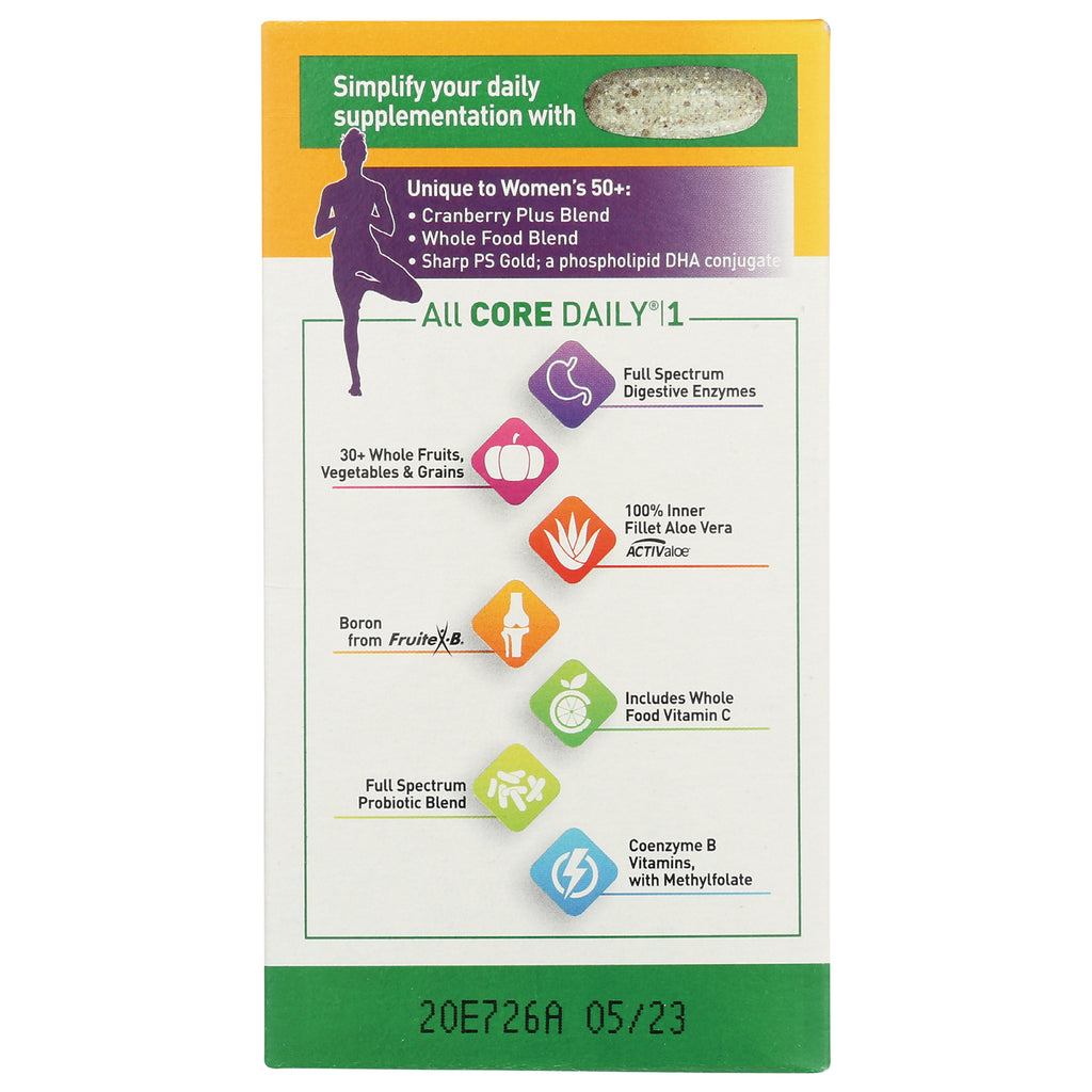 CRL530 | product infographic showing features and icons for All CORE DAILY supplement including digestive enzymes, probiotics, vitamin C, aloe vera - Thumbnail