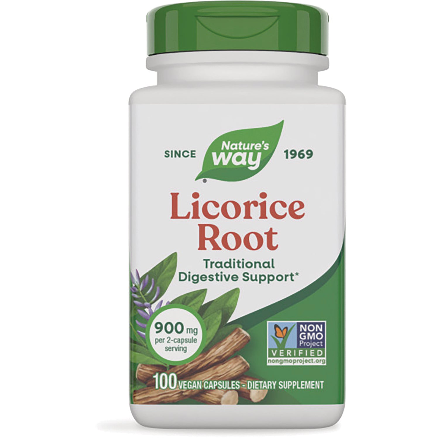 NW780 | Nature's Way Licorice Root supplement bottle, 100 vegan capsules, 900 mg per 2-capsule serving, Non-GMO Verified