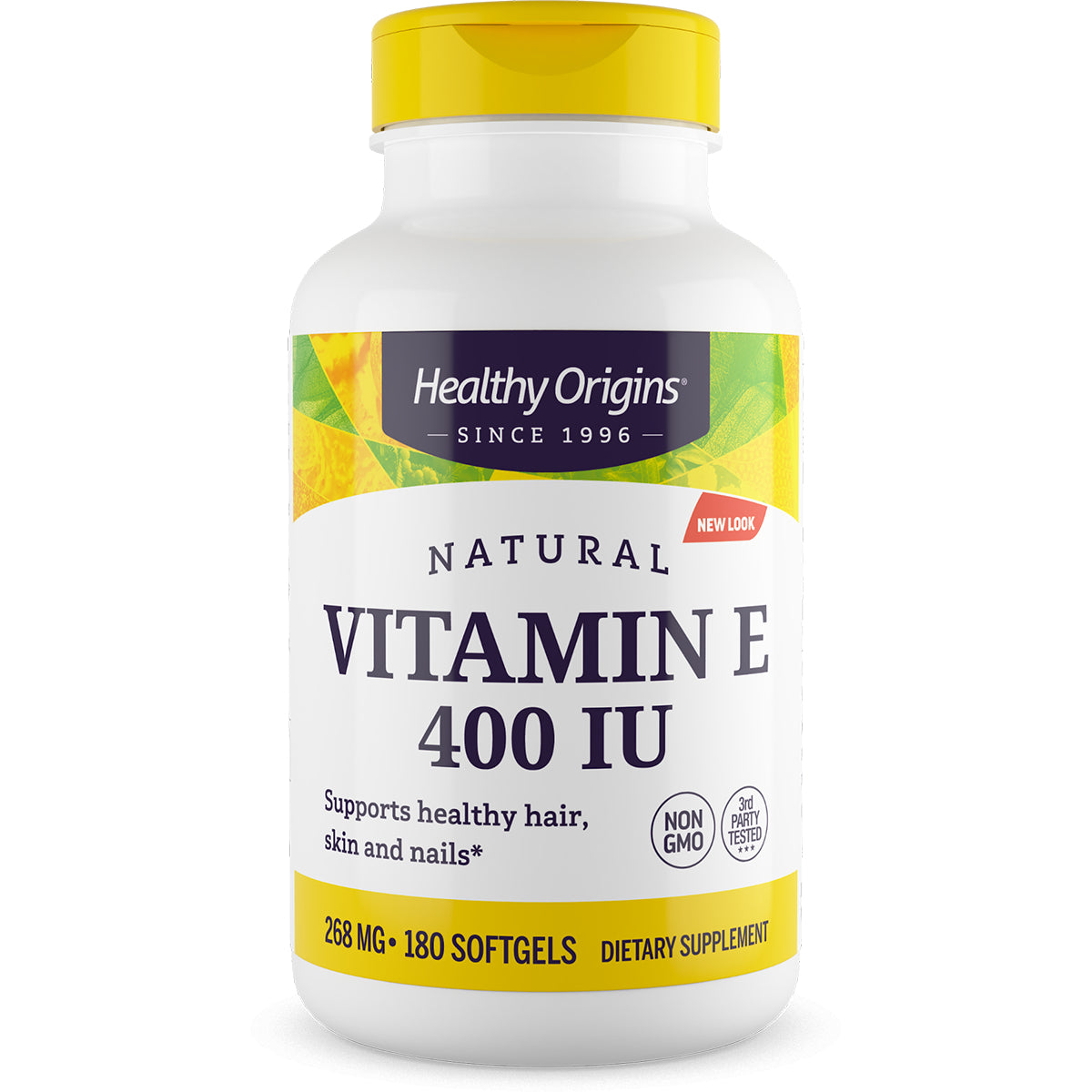 HRG073 | Healthy Origins Natural Vitamin E 400 IU bottle, 180 softgels, supports healthy hair skin and nails