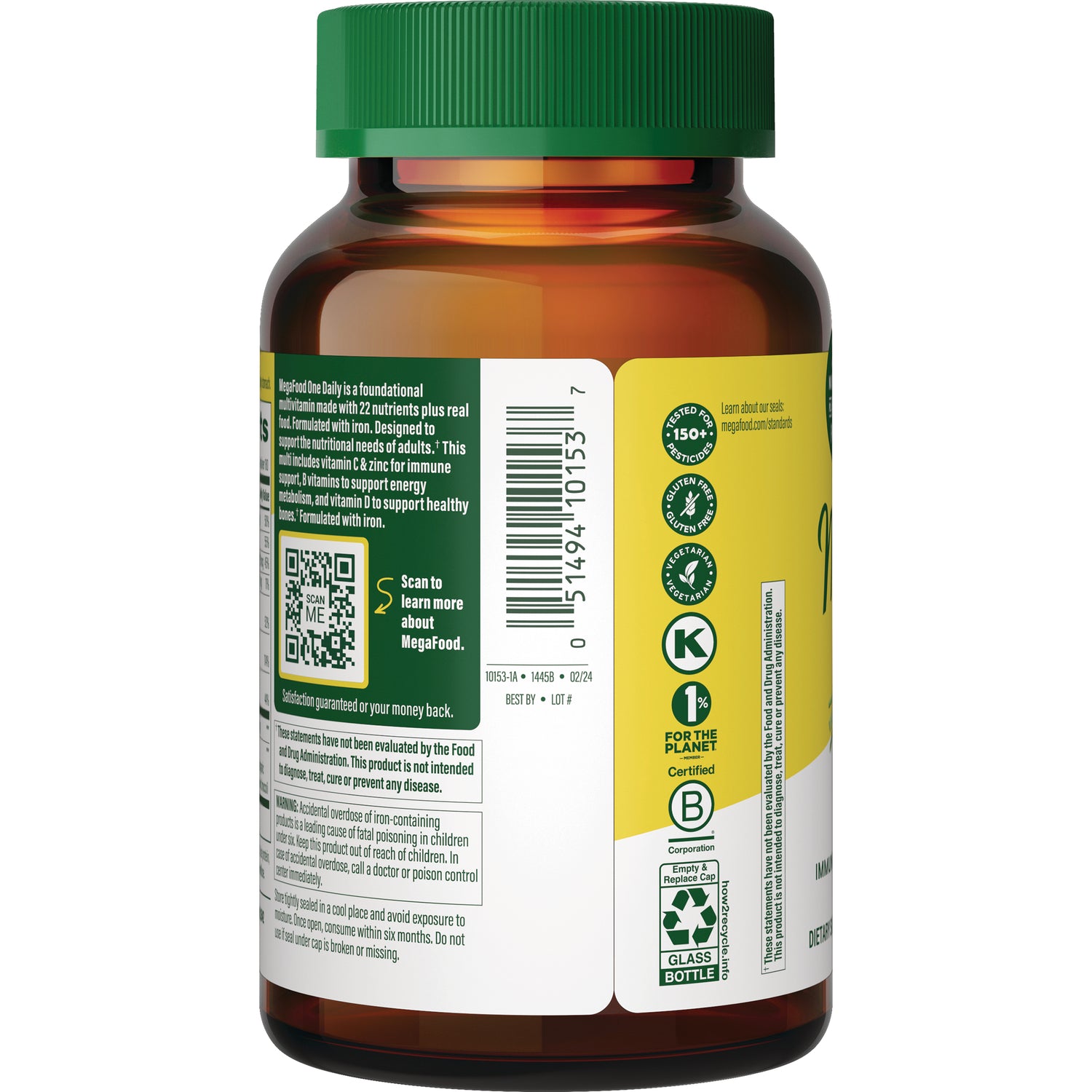 MGF011 | back of amber supplement bottle showing barcode, QR code, ingredient text and certification icons