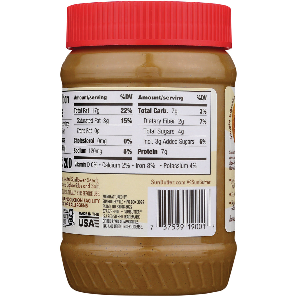 SBT006 | Back of SunButter jar showing nutrition facts panel, barcode, and red lid - Thumbnail