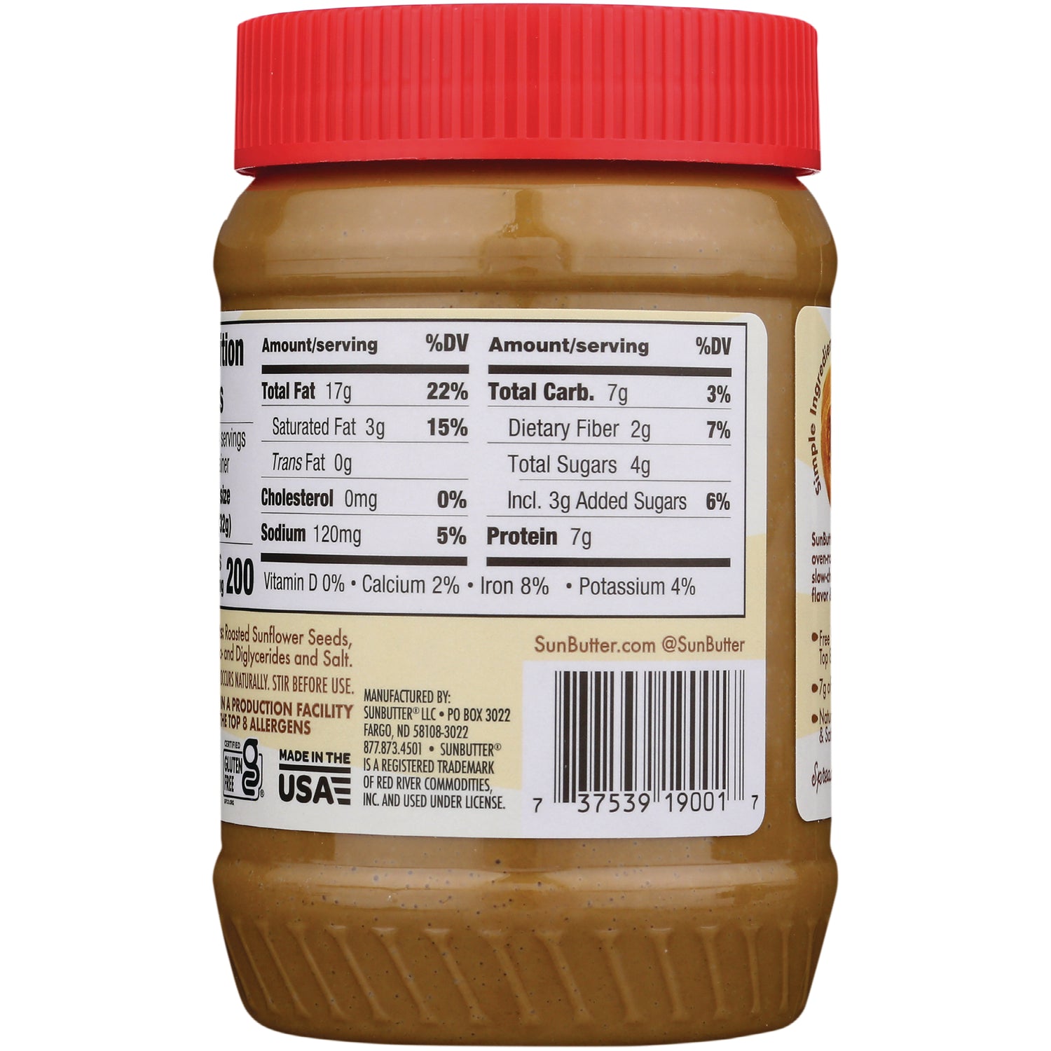 SBT006 | Back of SunButter jar showing nutrition facts panel, barcode, and red lid