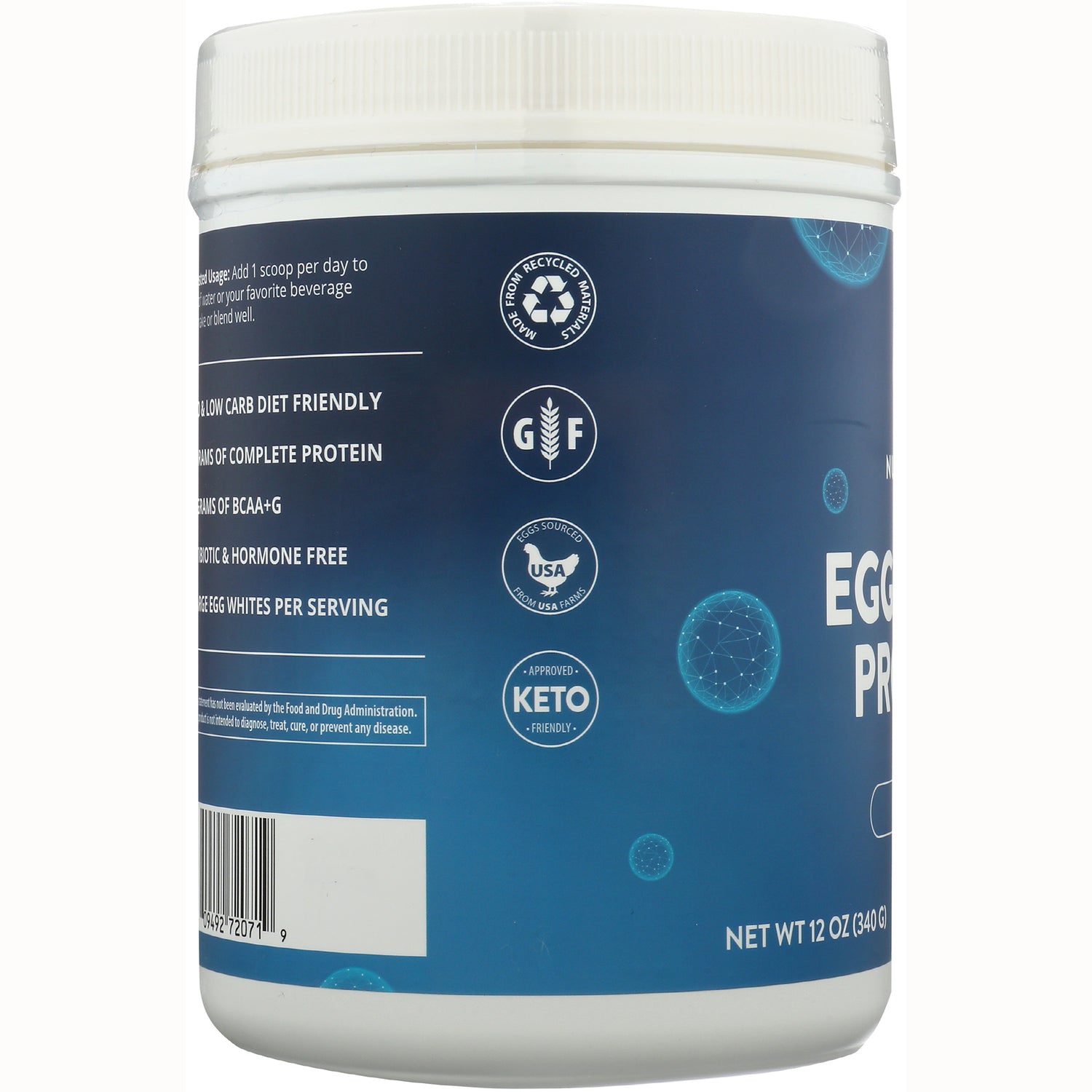 MRM015 | blue supplement tub side showing product infographic icons: gluten free, USA sourced eggs, keto friendly, recycling