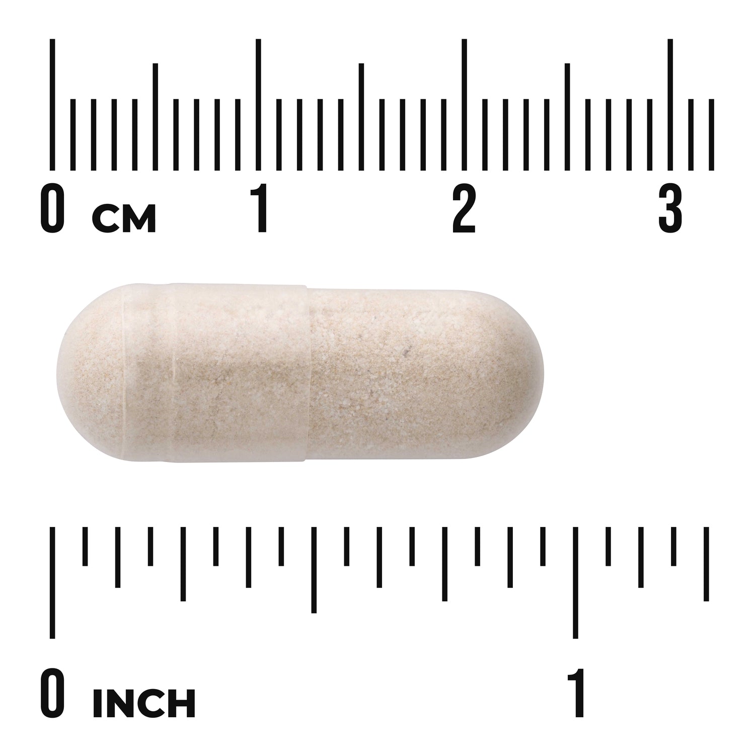 SWC071 | Beige capsule with size shown between centimeter and inch rulers