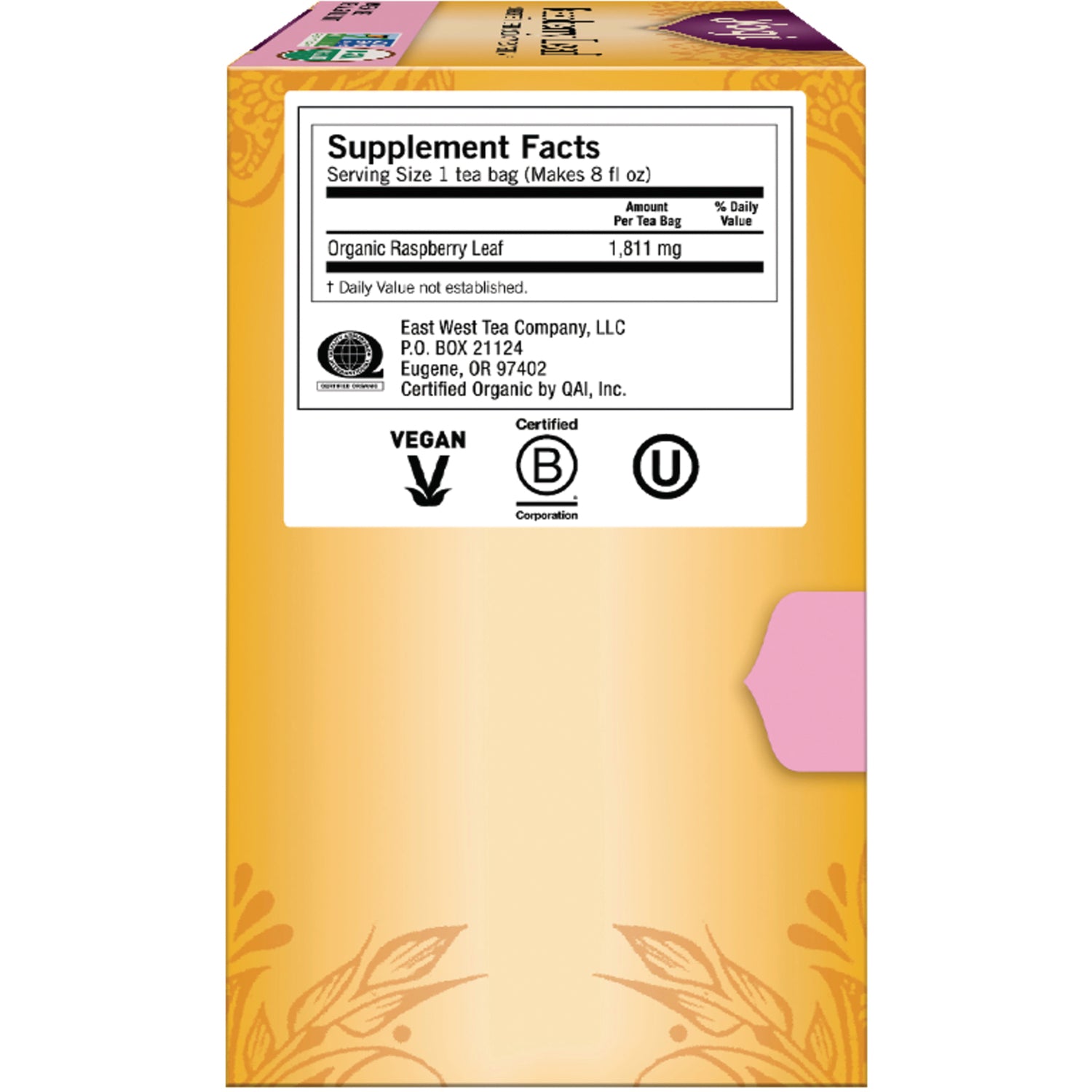 AHW004 | Back panel showing Supplement Facts: Organic Raspberry Leaf 1,811 mg, vegan and certification icons, company address