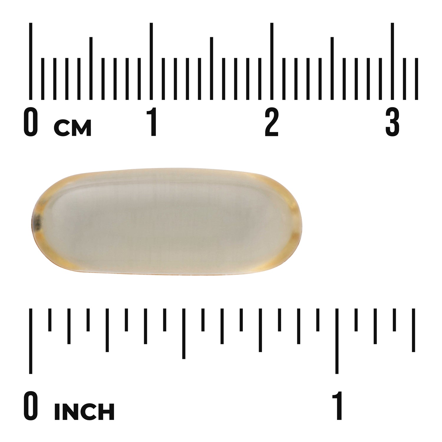 SWU409 | Translucent oval softgel shown against ruler with centimeter and inch scales