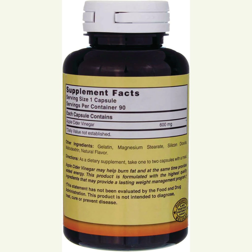 NAB121 | back of supplement bottle showing Supplement Facts for apple cider vinegar capsules, Serving Size 1 Capsule, 600 mg and other ingredients - Thumbnail