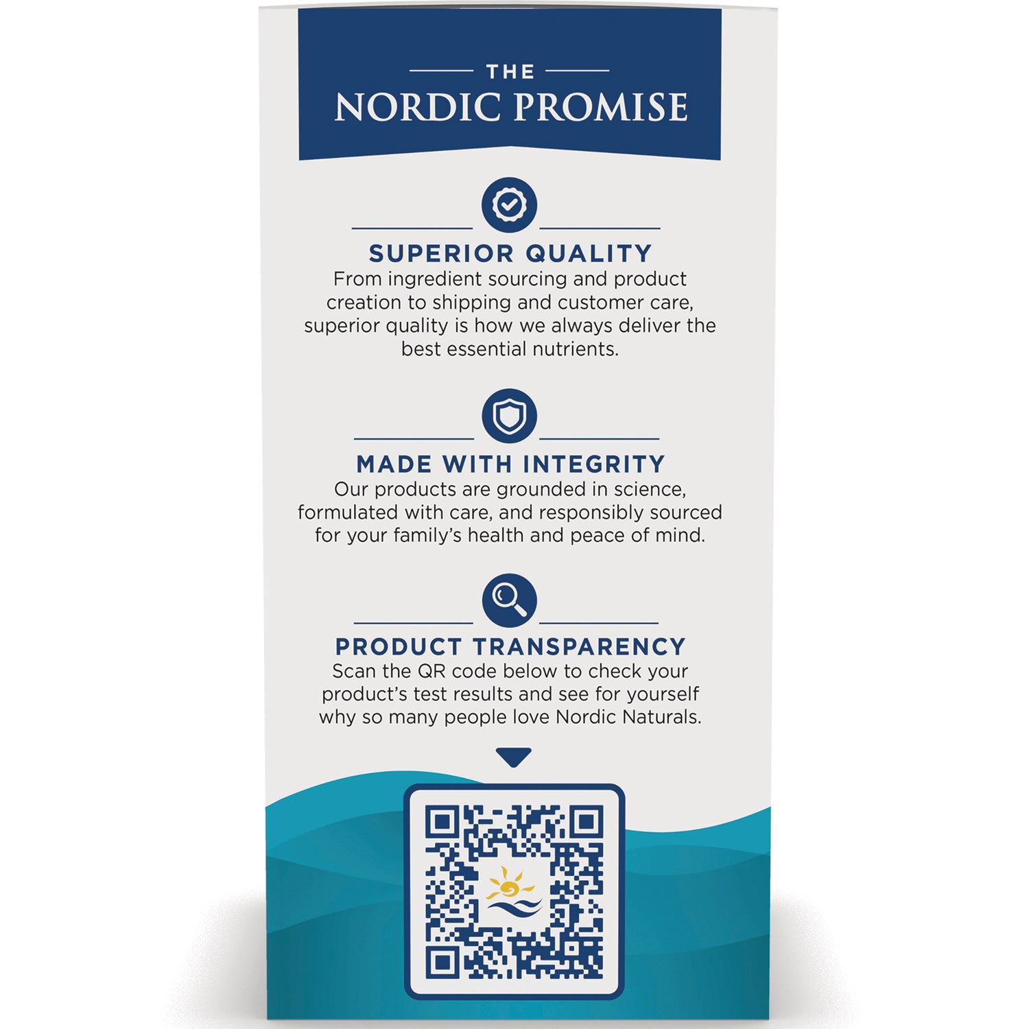 NRN096 | product infographic titled The Nordic Promise with quality, integrity and transparency statements and QR code