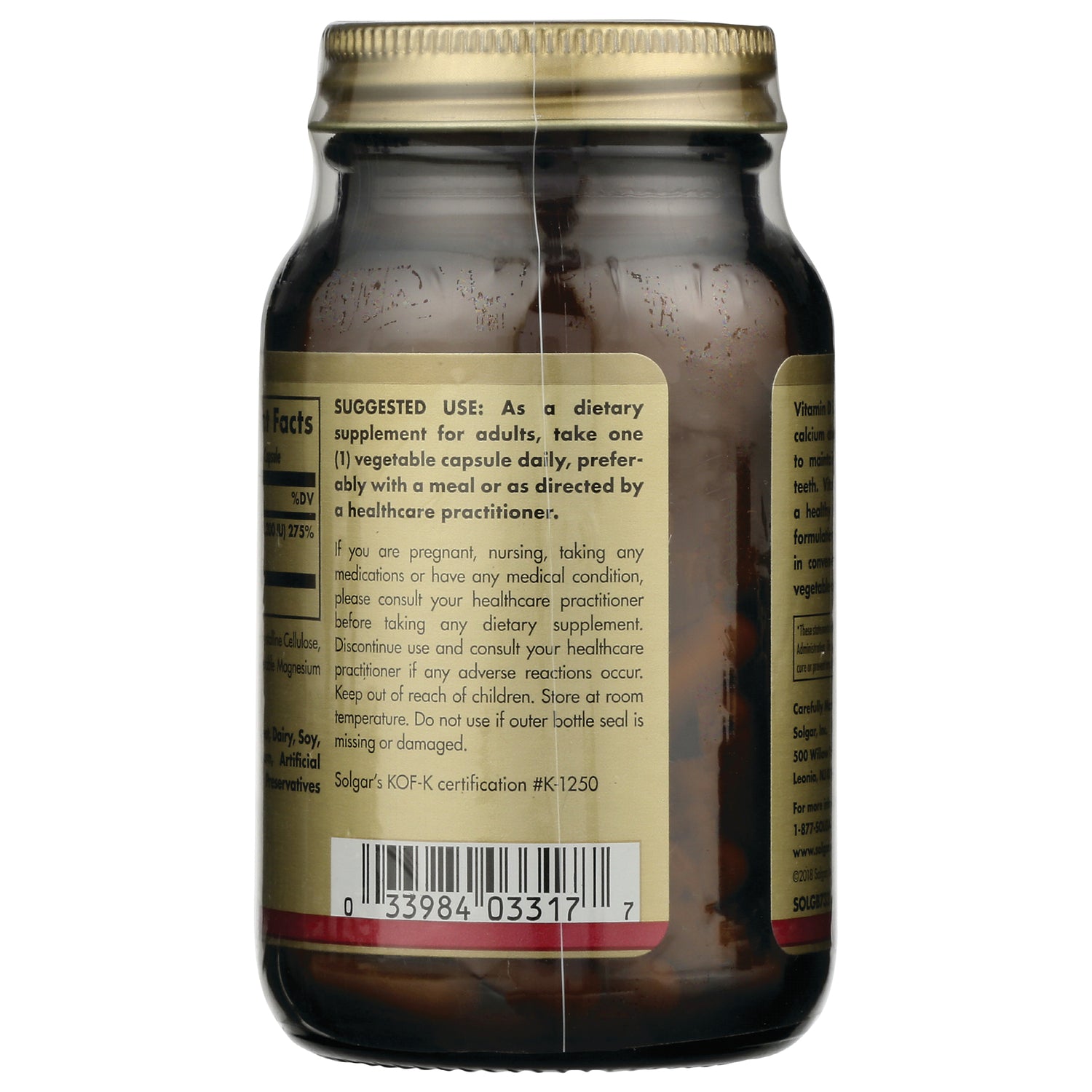 SLG249 | back of brown supplement bottle showing suggested use instructions and barcode on gold label