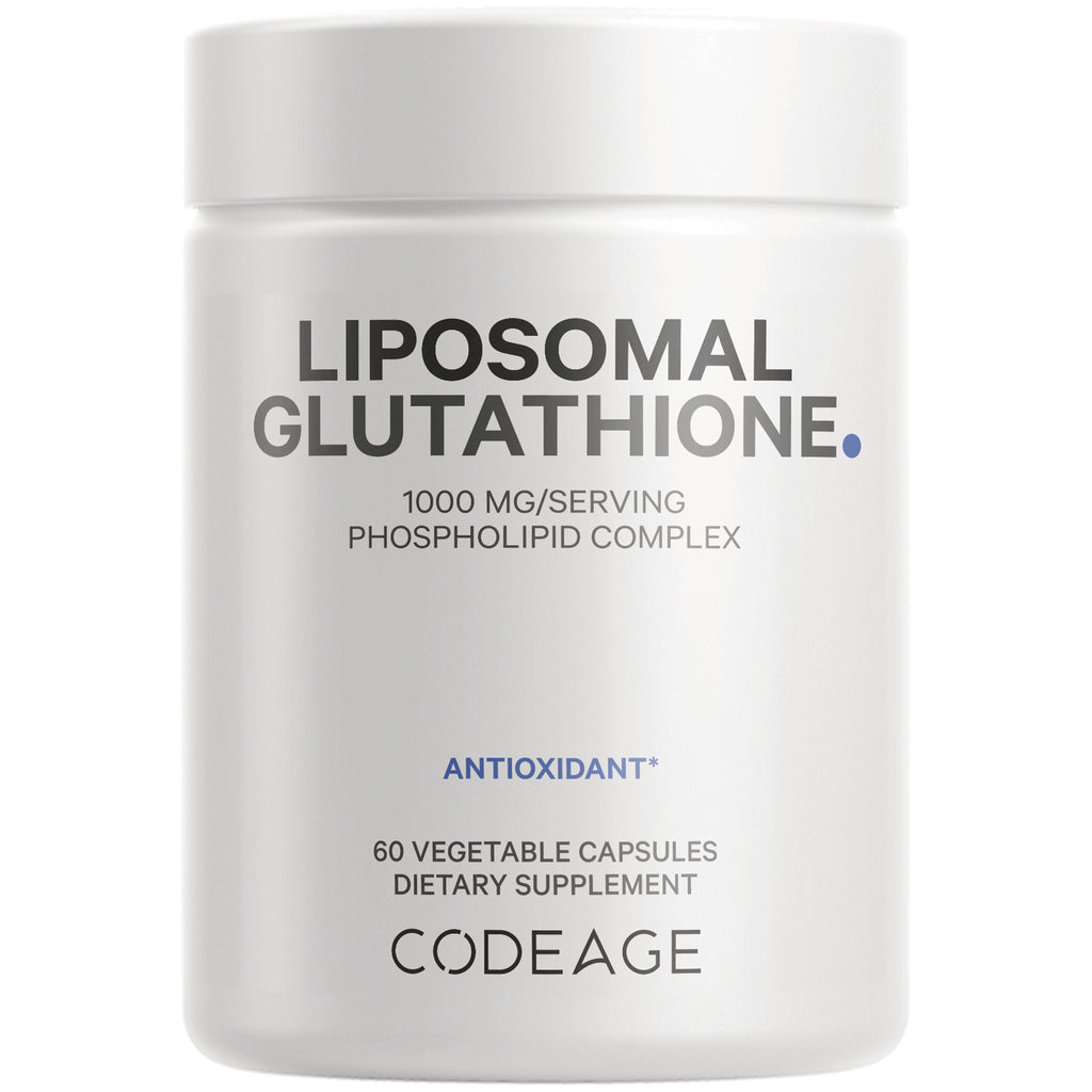 White supplement jar labeled LIPOSOMAL GLUTATHIONE 1000 MG/SERVING PHOSPHOLIPID COMPLEX ANTIOXIDANT 60 VEGETABLE CAPSULES CODEAGE - Thumbnail