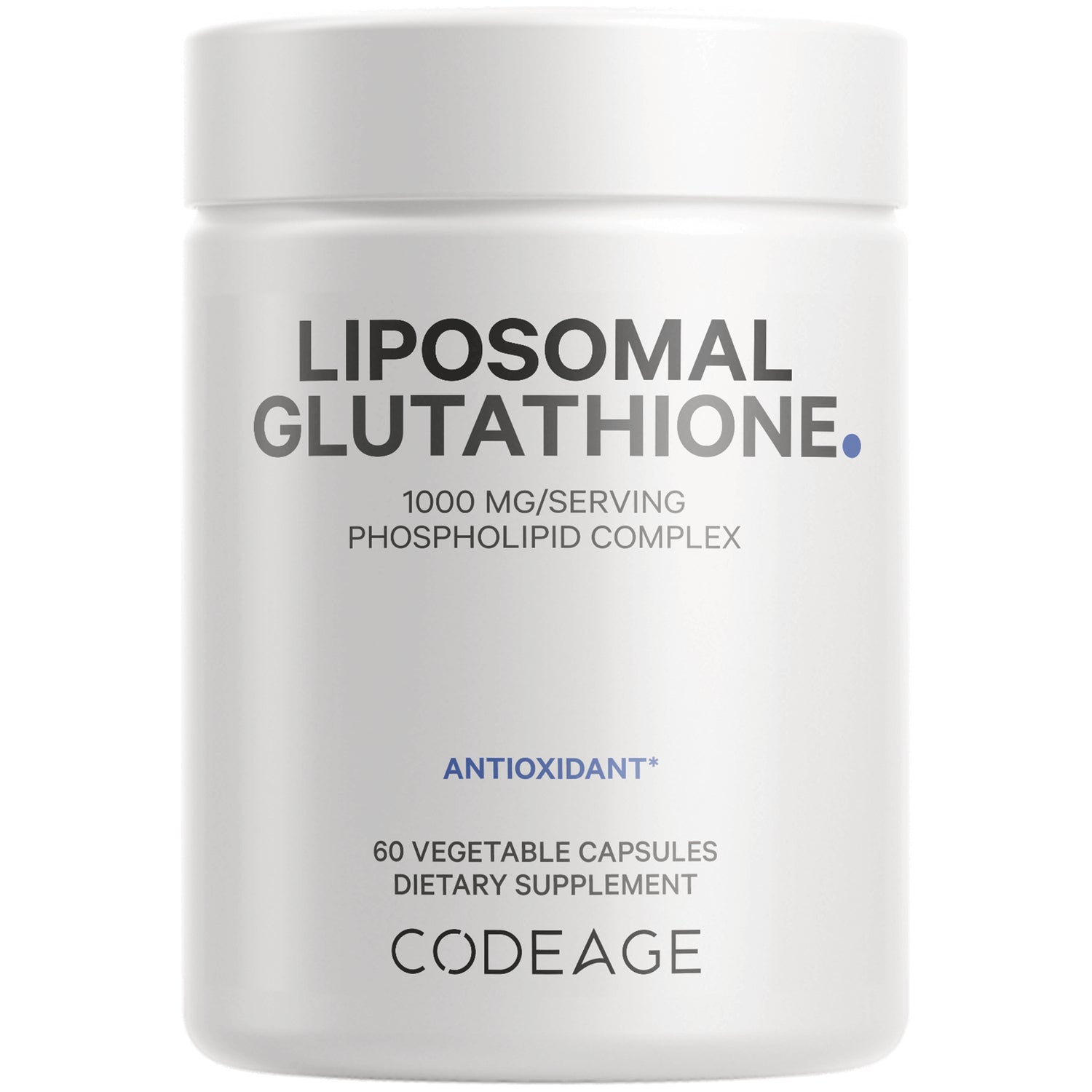 White supplement jar labeled LIPOSOMAL GLUTATHIONE 1000 MG/SERVING PHOSPHOLIPID COMPLEX ANTIOXIDANT 60 VEGETABLE CAPSULES CODEAGE
