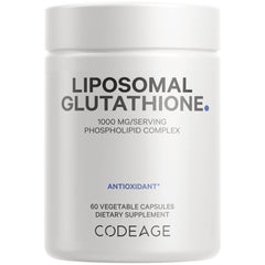 White supplement jar labeled LIPOSOMAL GLUTATHIONE 1000 MG/SERVING PHOSPHOLIPID COMPLEX ANTIOXIDANT 60 VEGETABLE CAPSULES CODEAGE