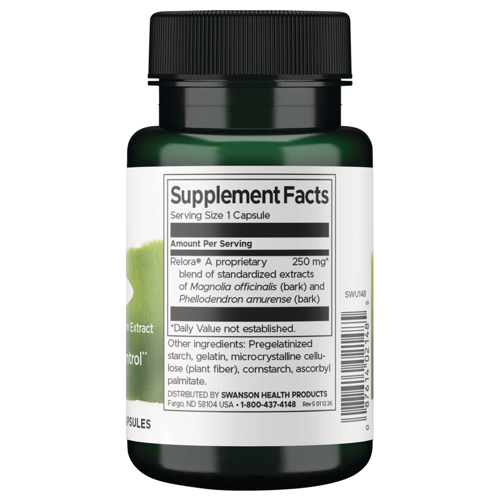 SWU148 | Back label with Supplement Facts panel, serving size 1 capsule, Relora blend 250 mg, ingredients and barcode - Thumbnail