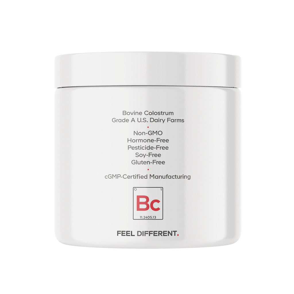 CDG038 | Back of white supplement jar reading Bovine Colostrum; Non-GMO, Hormone-Free, Pesticide-Free, Soy-Free, Gluten-Free; FEEL DIFFERENT - Thumbnail