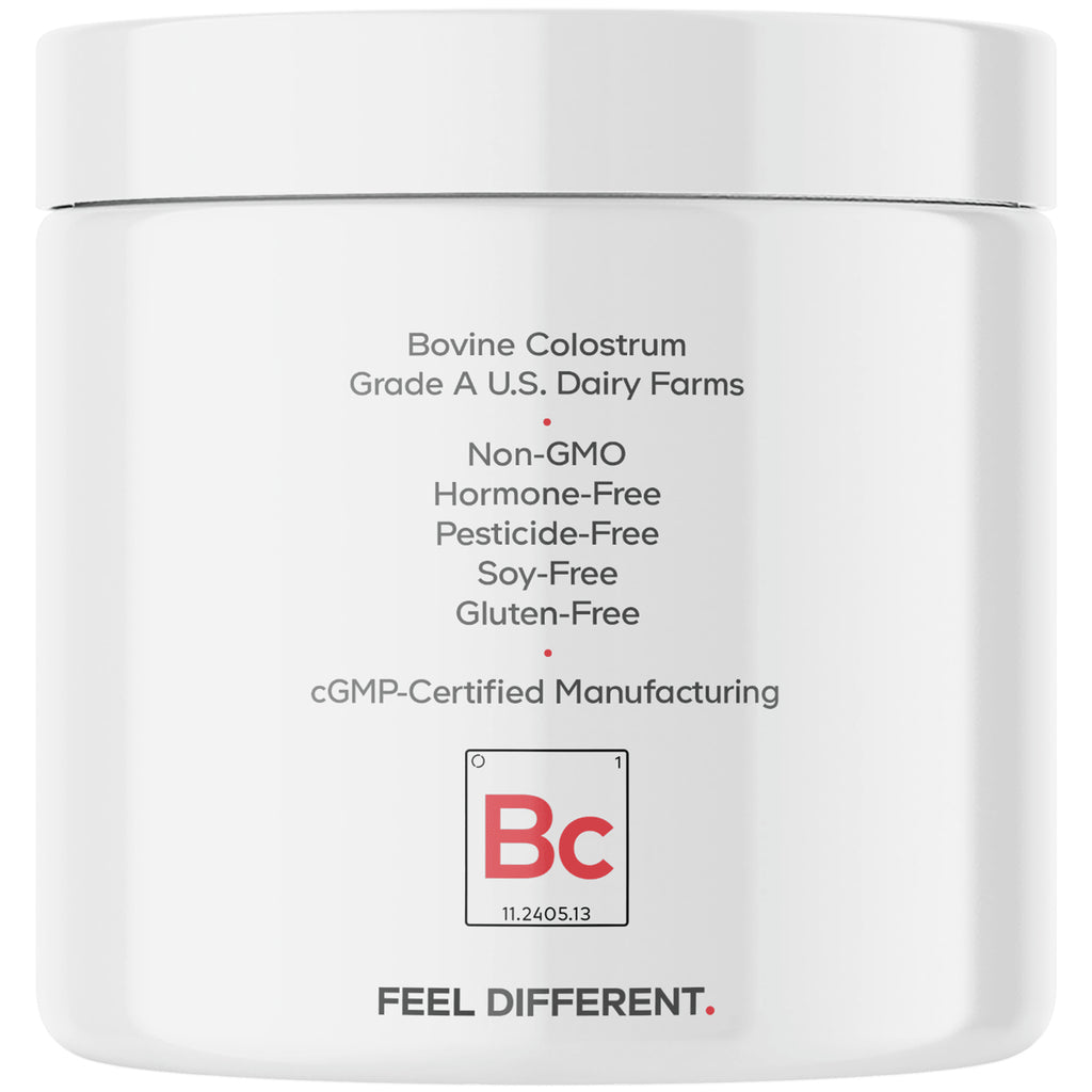 CDG038 | Back of white supplement jar reading Bovine Colostrum; Non-GMO, Hormone-Free, Pesticide-Free, Soy-Free, Gluten-Free; FEEL DIFFERENT - Thumbnail