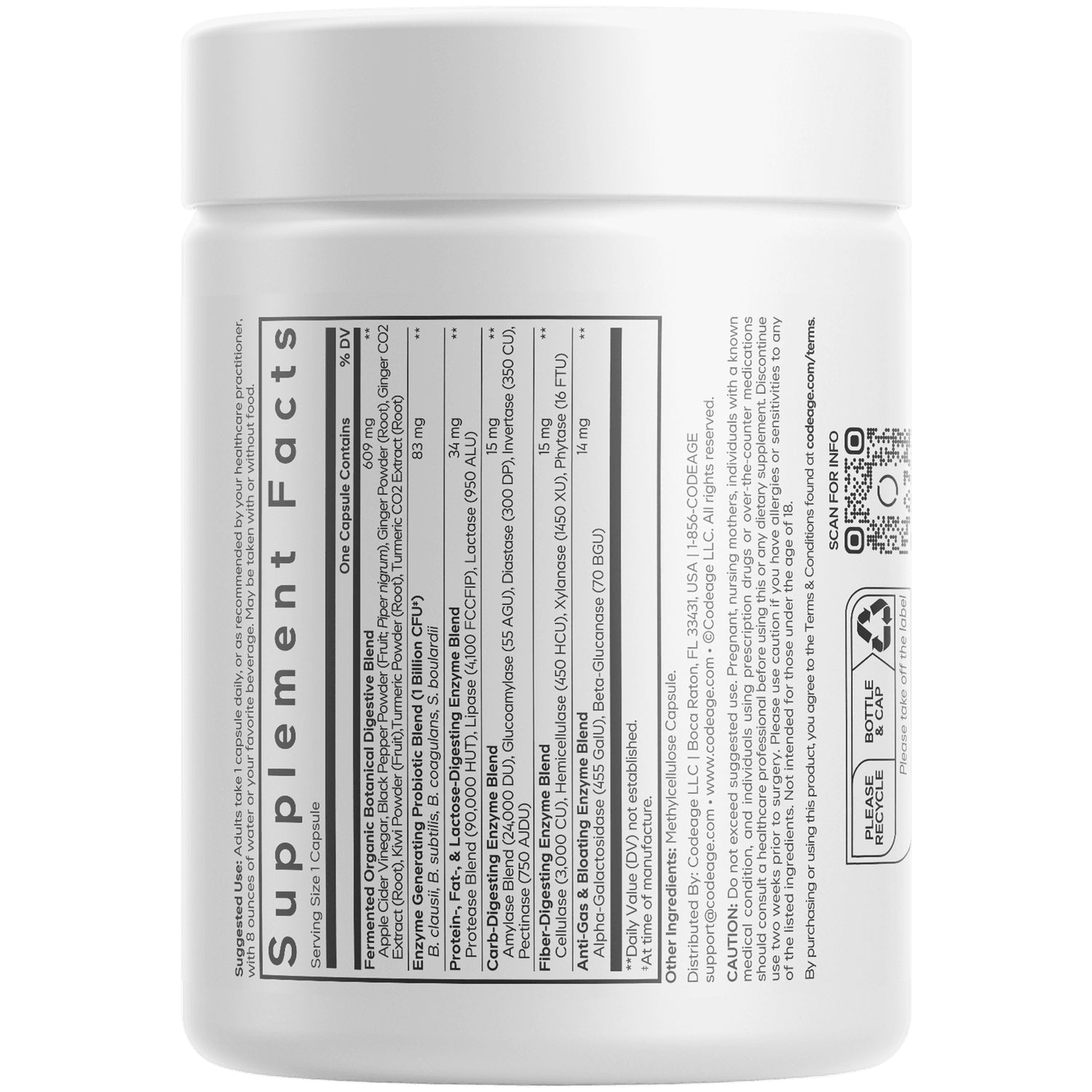 CDG037 | back of white supplement bottle showing supplement facts panel, ingredients and barcode