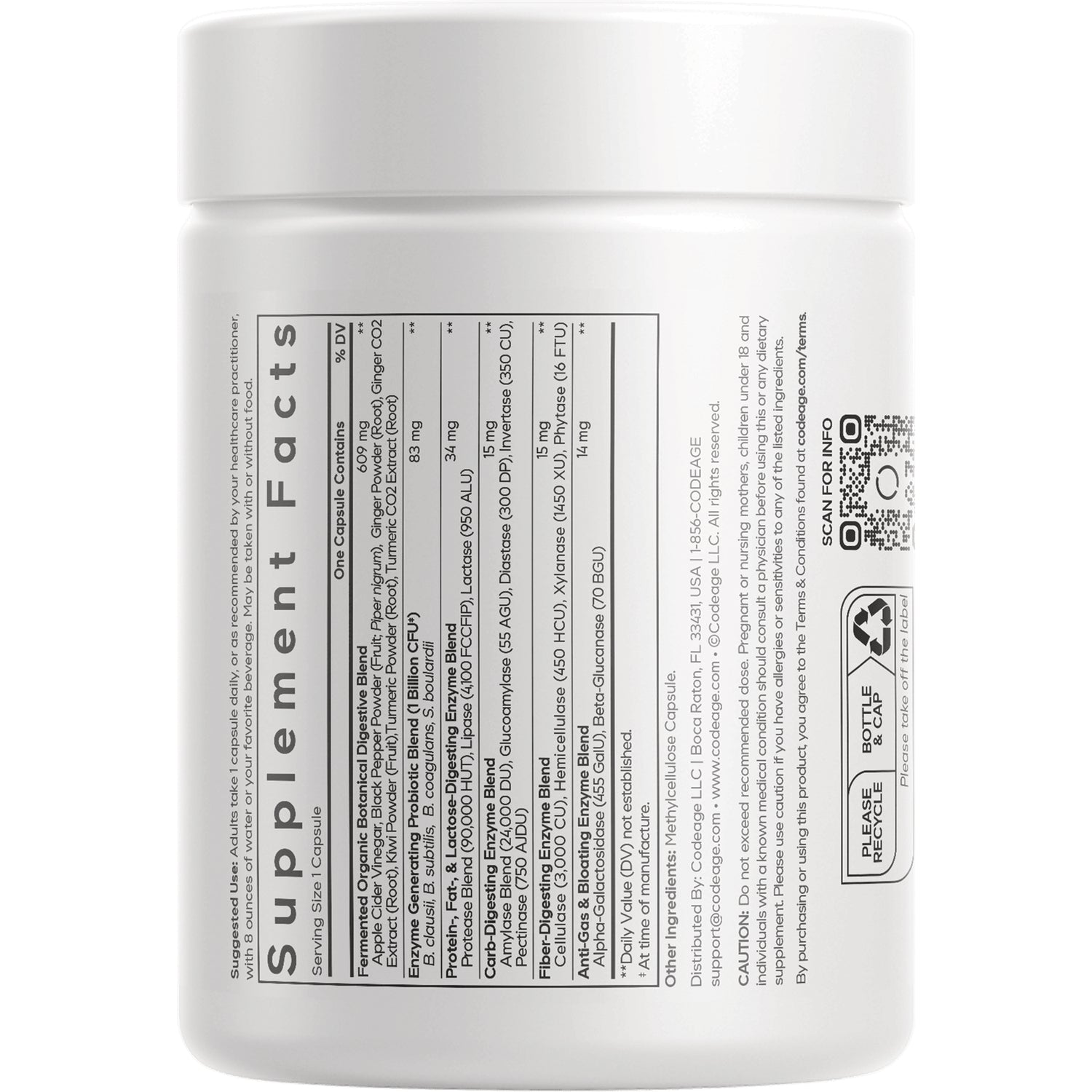 CDG037 | back of white supplement bottle showing supplement facts panel, ingredients and barcode