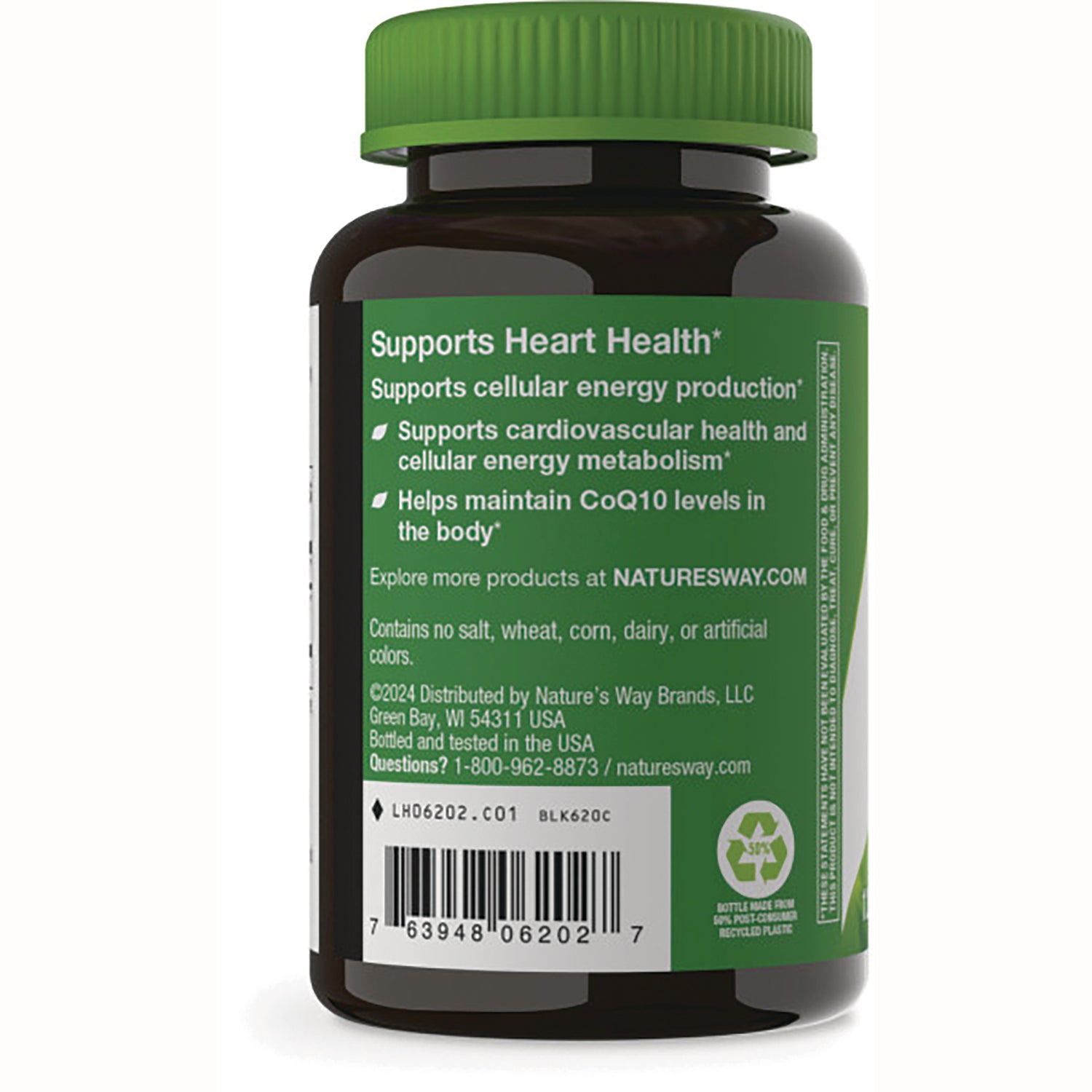 ET388 | Back label of supplement bottle reading Supports Heart Health, product claims, contact info and barcode