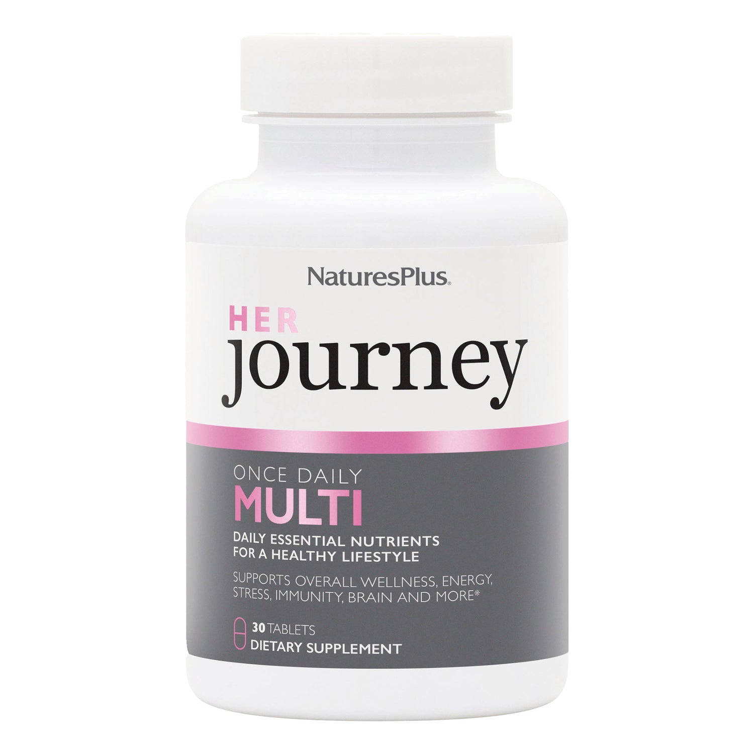 NTP352 | NaturesPlus Her Journey once daily multi dietary supplement bottle with pink and gray label showing 30 tablets