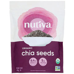 NTV031 | Nutiva organic chia seeds pouch front with bowl of seeds and nutrition icons