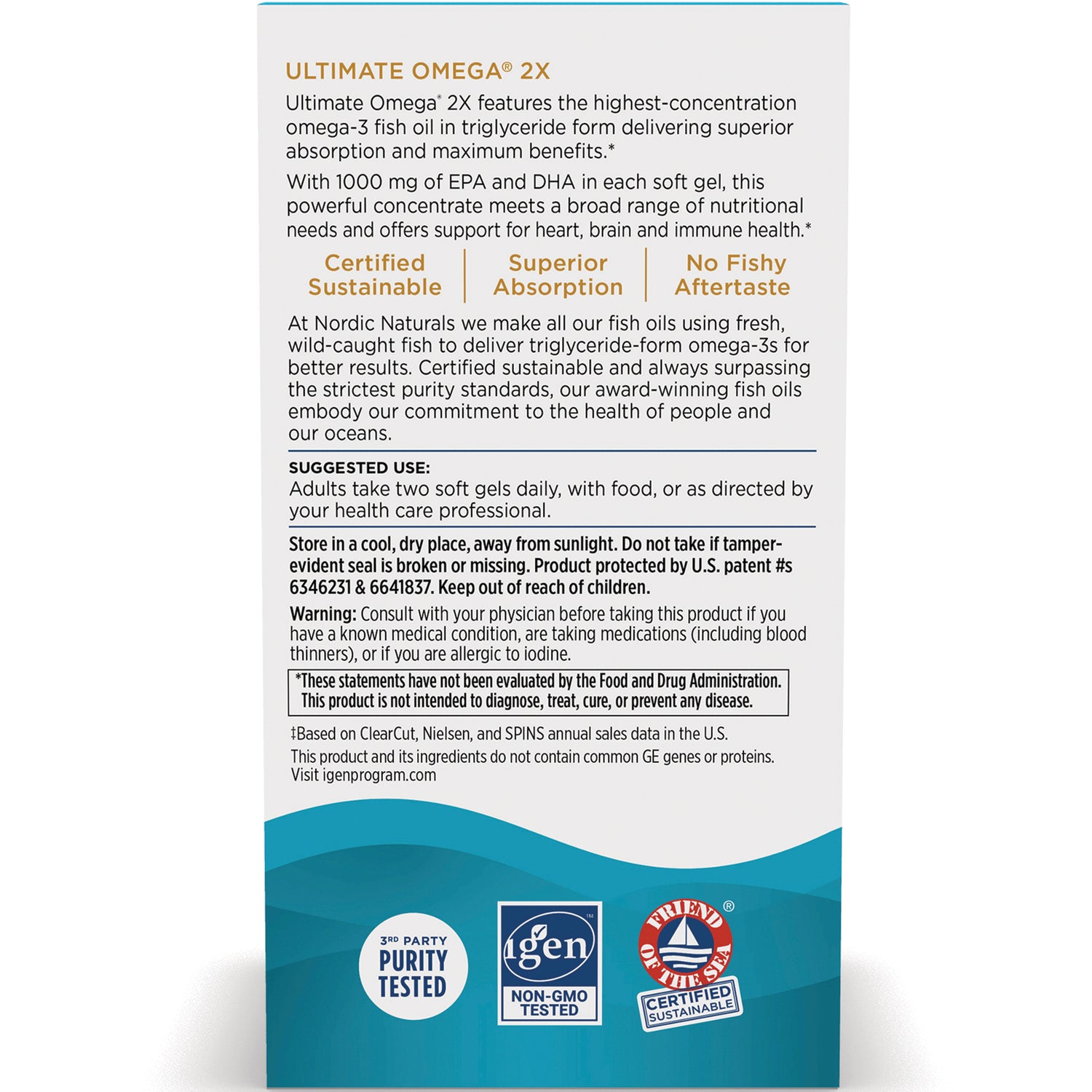 NRN123 | Back of Nordic Naturals Ultimate Omega 2X box showing suggested use, warnings, purity and non-GMO badges