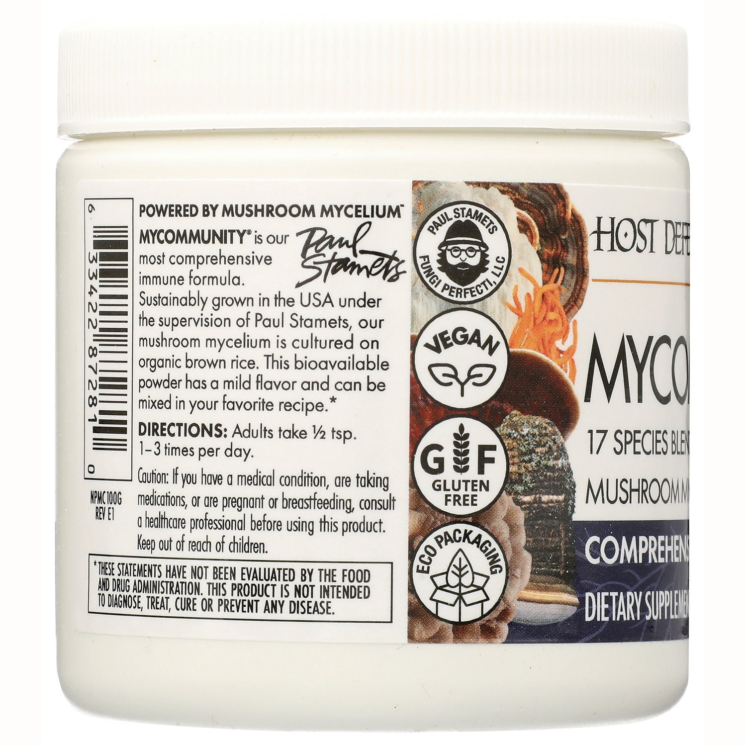 FUN047 | product infographic of white supplement jar label showing directions, badge icons for vegan, gluten free, eco packaging, and ingredient text