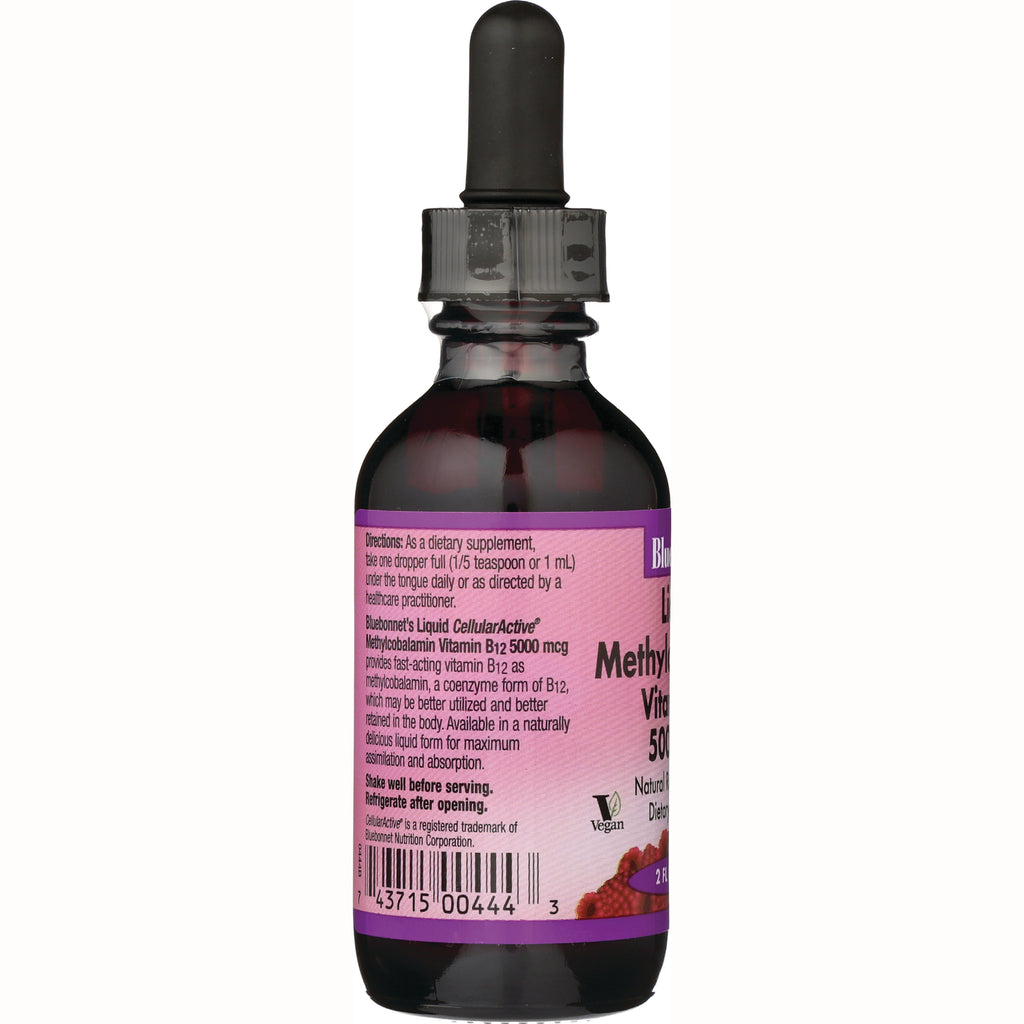 BLU095 | Back label of liquid methylcobalamin Vitamin B12 5000 mcg bottle showing directions, barcode, and dropper cap - Thumbnail