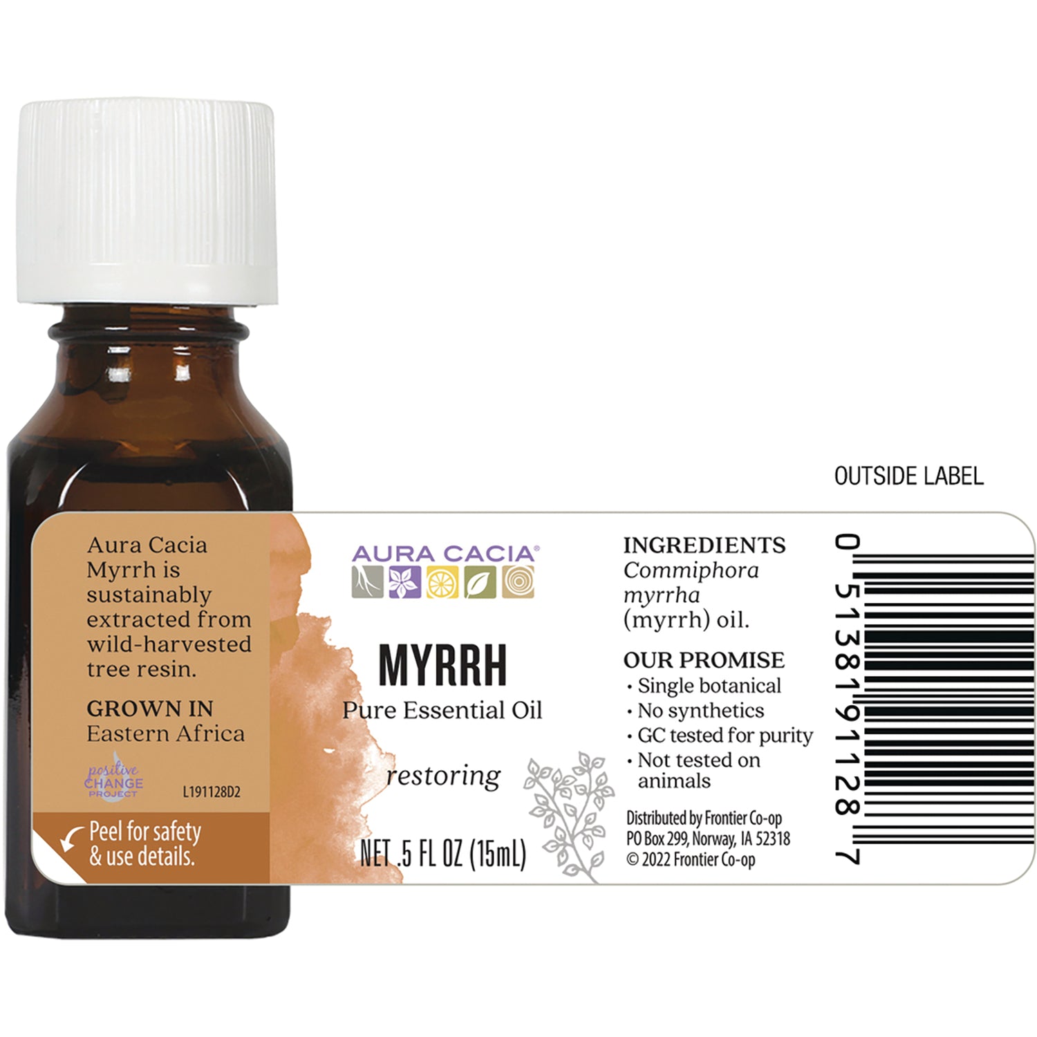 ARC212 | Back label of Aura Cacia MYRRH Pure Essential Oil bottle showing ingredients, product promise, barcode and NET .5 FL OZ (15 mL)