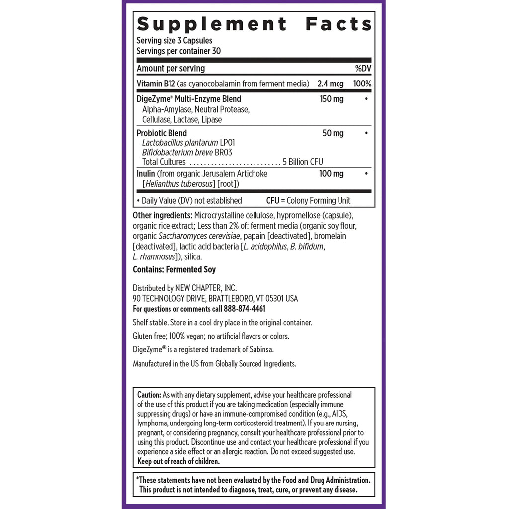 NWC397 | Supplement facts back label showing serving size 3 capsules, Vitamin B12, probiotic and enzyme blends, other ingredients and caution - Thumbnail