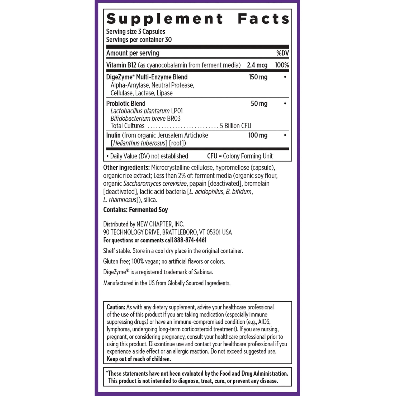 NWC397 | Supplement facts back label showing serving size 3 capsules, Vitamin B12, probiotic and enzyme blends, other ingredients and caution