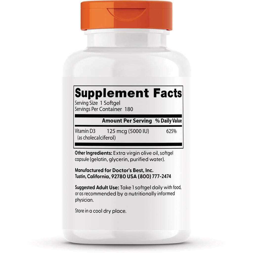 DB102 | Back label showing Supplement Facts: Vitamin D3 125 mcg (5000 IU), 180 servings, other ingredients and suggested use - Thumbnail