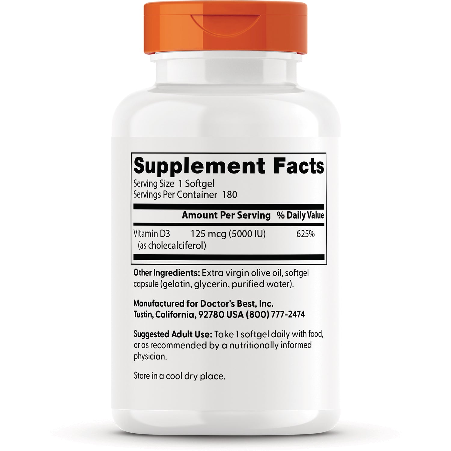 DB102 | Back label showing Supplement Facts: Vitamin D3 125 mcg (5000 IU), 180 servings, other ingredients and suggested use