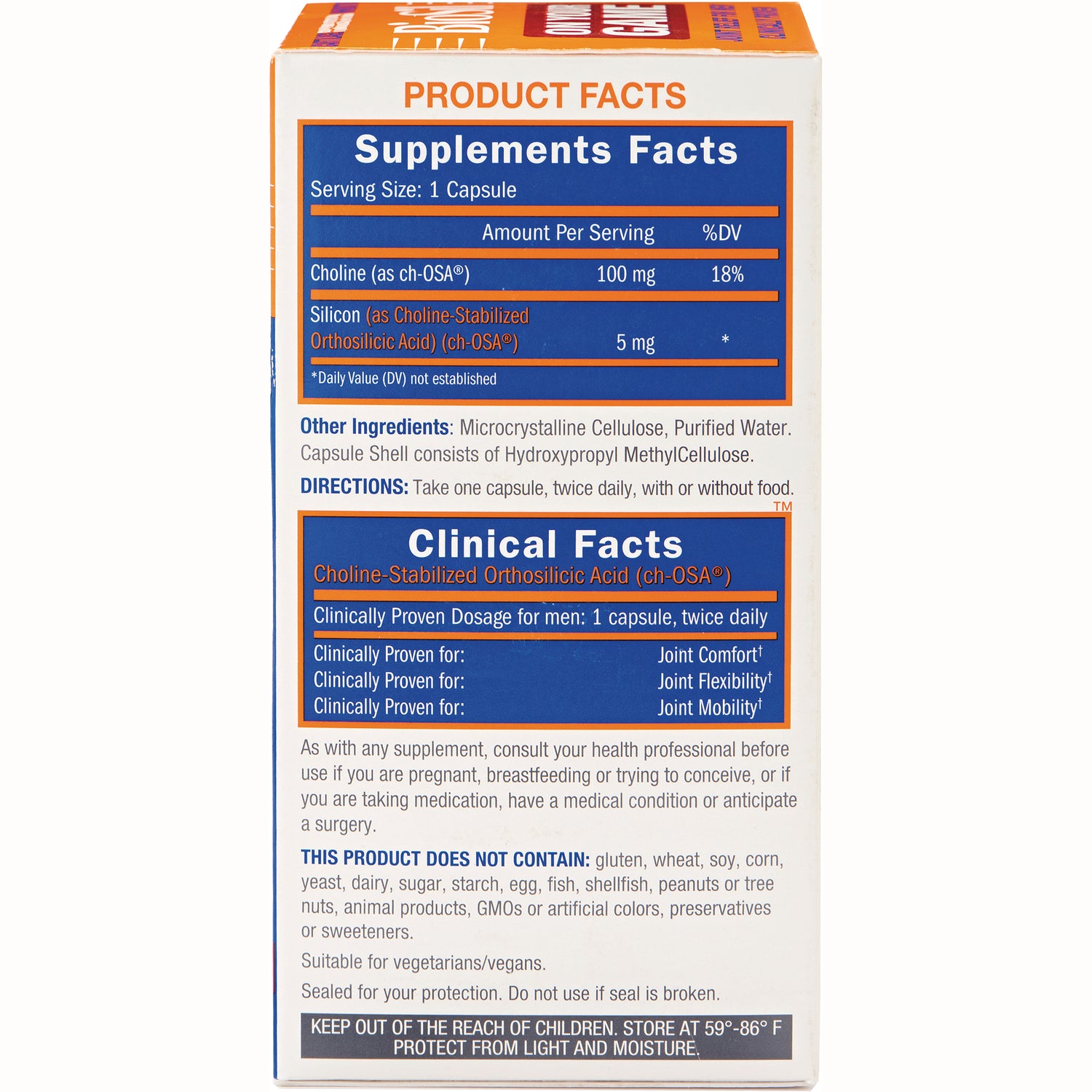 NFC206 | back of supplement box showing Supplement Facts, Clinical Facts, directions, ingredients and storage warnings