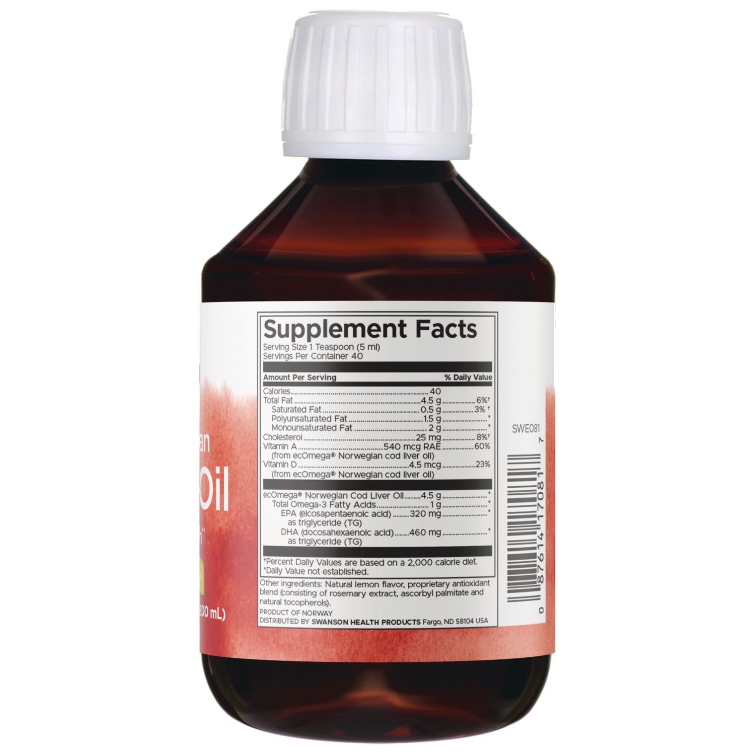 SWE081 | Supplement Facts panel for Norwegian cod liver oil, serving size 1 tsp (5 ml), omega-3, vitamins A and D