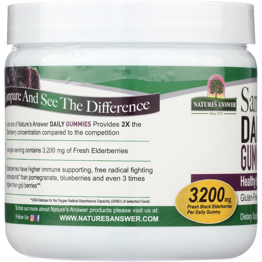 NAT405 | Back label of elderberry gummy jar showing product claims, 3,200 mg fresh black elderberries badge and website - Thumbnail